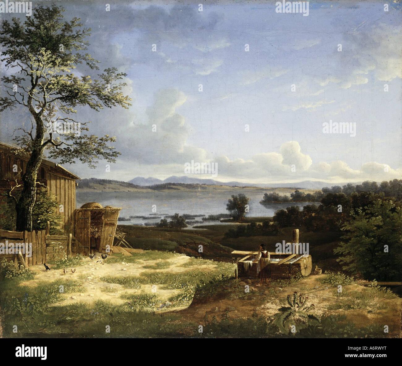 Belle arti, il romanticismo, la pittura di paesaggio, all'Osterseen, artista sconosciuto, 1802, olio su tela, 37,5x45 cm, collectio privato Foto Stock