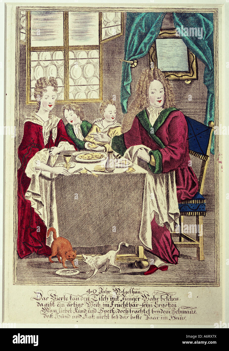 Persone, famiglia, durante il pranzo, incisione da Pruigel, Augsburg, circa 1700, Museo Nazionale Bavarese di Monaco di Baviera , artista del diritto d'autore non deve essere cancellata Foto Stock