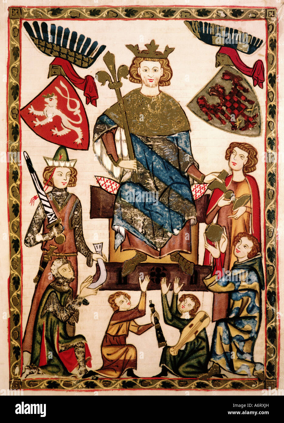 Belle arti, medioevo, gotico, illuminazione, Codex Manesse, Zurigo, 1305 - 1340, Re Venceslao II di Boemia, colore di copertura Foto Stock