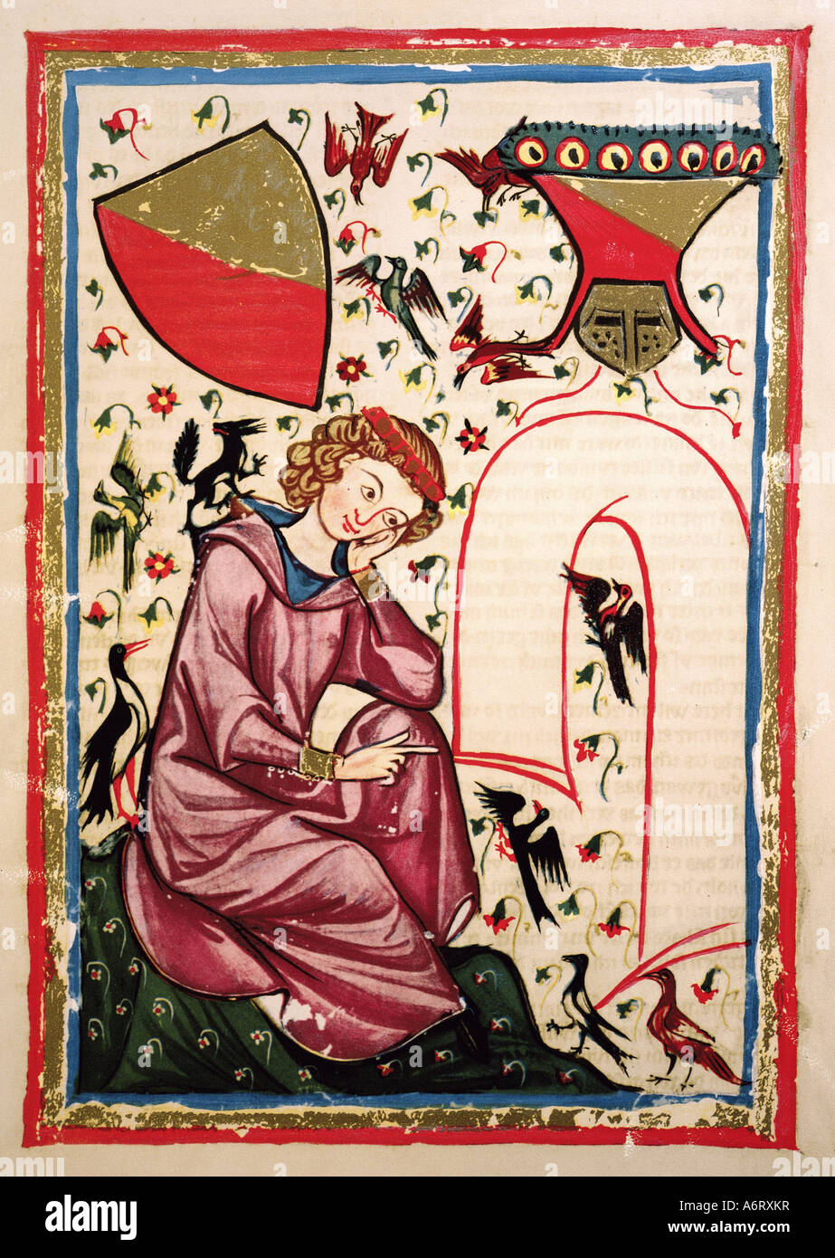 Belle arti, medioevo, gotico, illuminazione, Codex Manesse, Zurigo, 1305 - 1340, Heinrich von Veldeke (prima del 1150 - circa 1190 Foto Stock