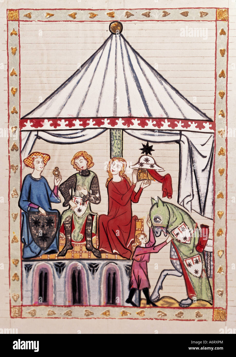 Belle arti, medioevo, gotico, illuminazione, Codex Manesse, Zurigo, 1305 - 1340, Winli, coprendo il colore su carta pergamena, università o Foto Stock