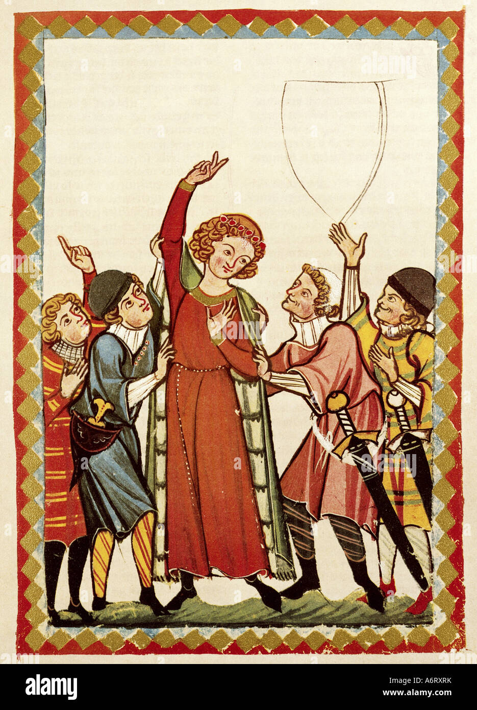 Belle arti, medioevo, gotico, illuminazione, Codex Manesse, Zurigo, 1305 - 1340, Neidhart von Reuental, coprendo il colore su vell Foto Stock