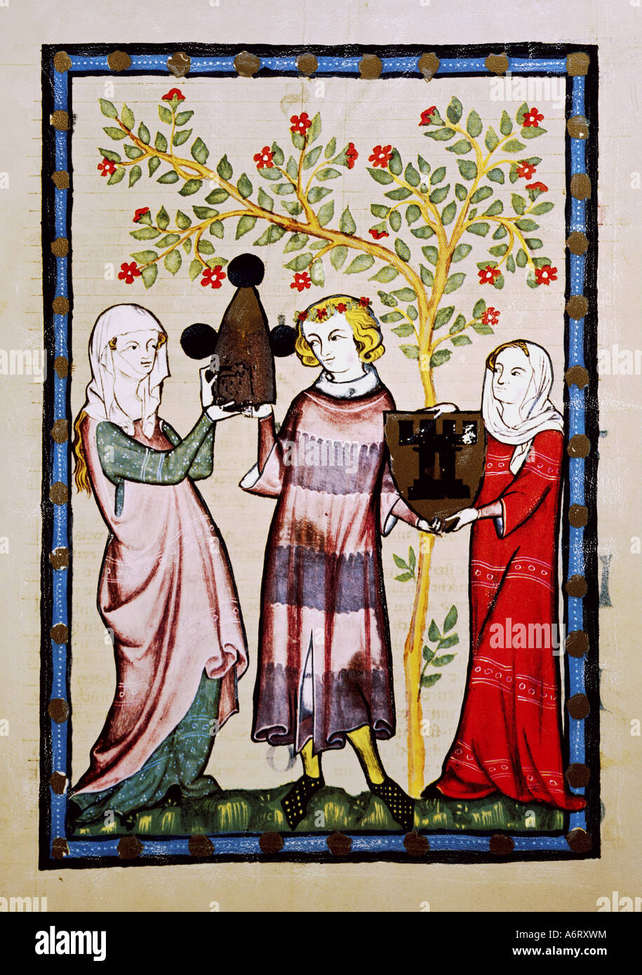 Belle arti, medioevo, gotico, illuminazione, Codex Manesse, Zurigo, 1305 - 1340, Otto vom Turme, coprendo il colore su carta pergamena, uni Foto Stock