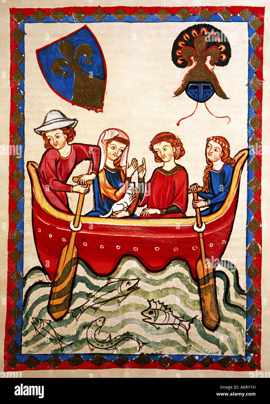 Belle arti, medioevo, gotico, illuminazione, Codex Manesse, Zurigo, 1305 - 1340, Master Niune, coprendo il colore su carta pergamena Unive Foto Stock