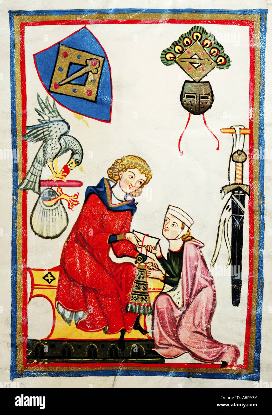 Belle arti, medioevo, gotico, illuminazione, Codex Manesse, Zurigo, 1305 - 1340, Wilhelm von Heinzenburg, coprendo il colore su ve Foto Stock