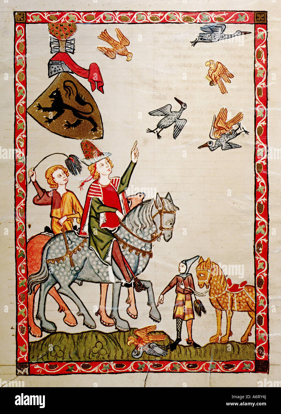 "Belle Arti, medioevo, gotico, illuminazione, Codex Manesse, Zurigo, 1305 - 1340, Margravio Enrico III di Meissen, copertura di colori Foto Stock