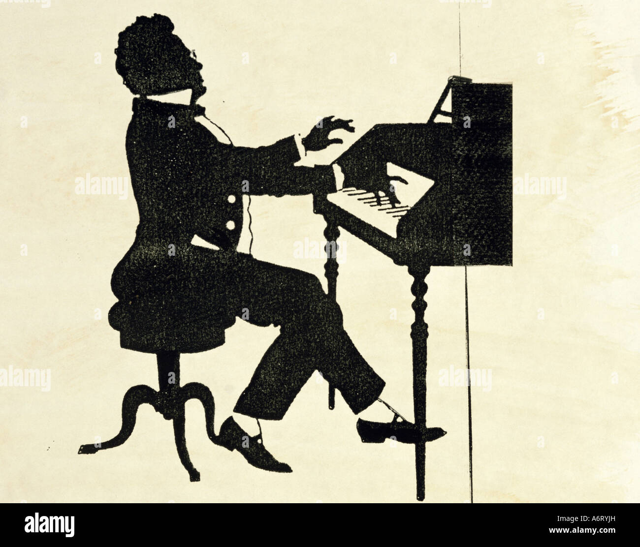 Schubert, Franz, 31.1.1797 - 19.11.1828, il compositore austriaco, al pianoforte, silhouette da Schliessmann, secolo XIX, musican, mus Foto Stock