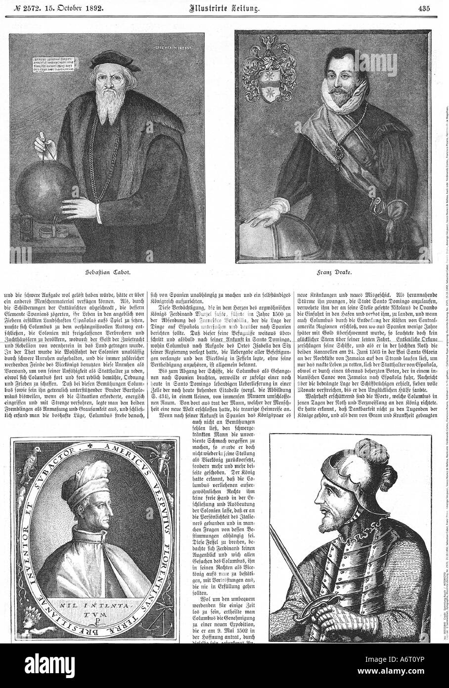 Carta collettiva, incisione, Illustrirte Zeitung, 2572, 15.10.1892, Sebastian Cabot, Francis Drake, Amerigo Vespucci, Vasco Nunez de Balboa, retro: Ferdinando Cortes, Francisco Pizarro, Ferdinando de Magalhaes, carte, storiche, storiche, persone, 19th secolo, Foto Stock