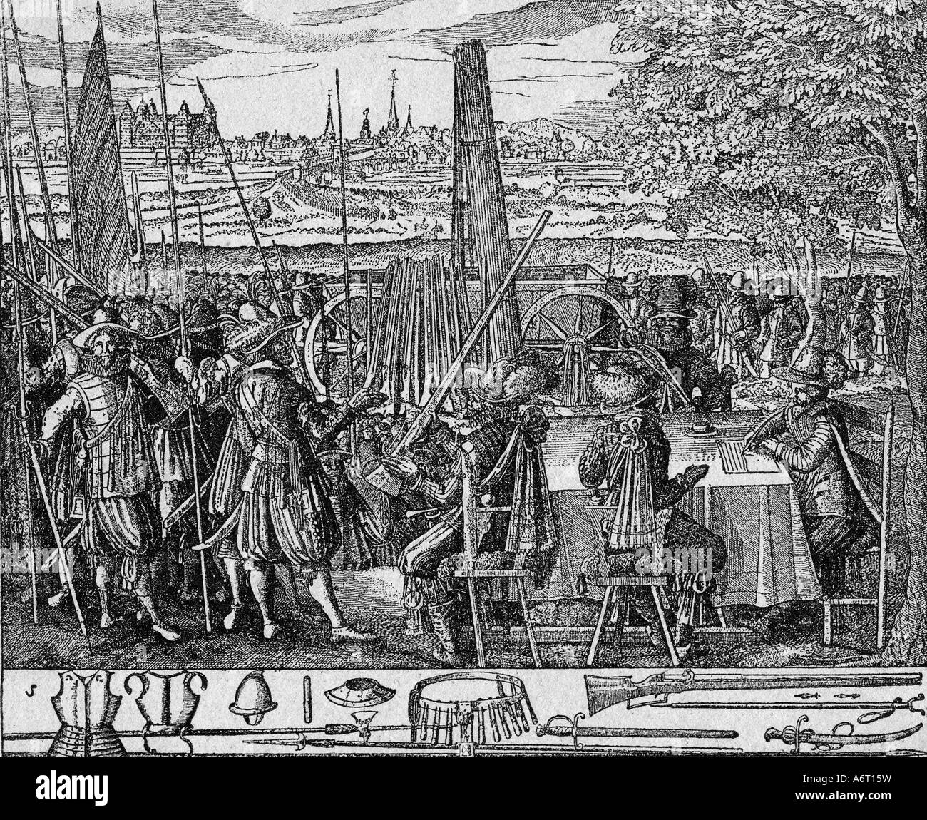 Militare, reclutamento, ammuffito, incisione del rame, «difesa patriae oder Landrettung» di Johann Jacob von Wallhausen, Francoforte sul principale, 1621, Foto Stock