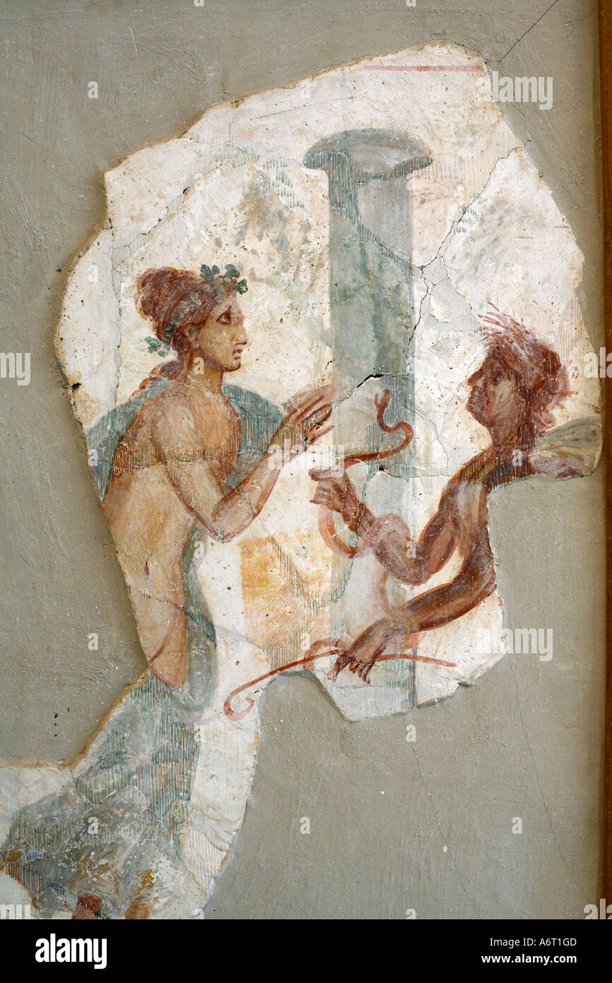 Frammenti di muro romano la pittura a Leptis Magna museo in Libia Foto Stock