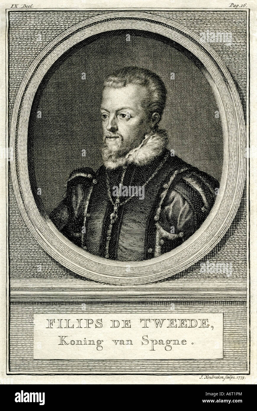 Filippo II, 21.5.1527 - 13,9. 1598, il re di Spagna dal 16.1.1556 - 13.9.1598, ritratto, incisione da J.Houbraken, 1773, storico Foto Stock