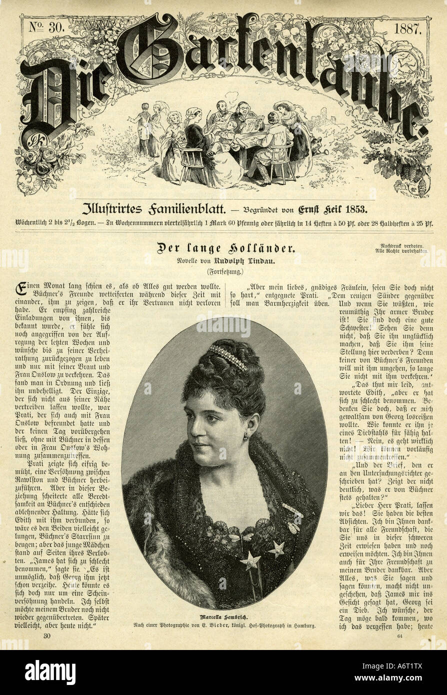 Stampa/media, riviste/riviste, 'Die Gartenlaube', numero 30, 1887, titolo, ritratto di Marcella Sembrich, incisione, Foto Stock