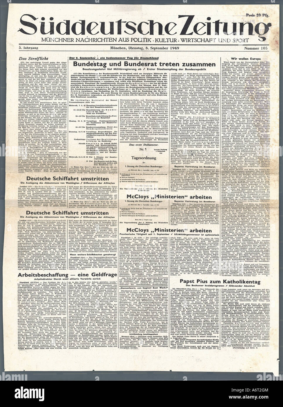 Riviste/giornali, 'üddeutsche Zeitung', volume 5th, numero 105, 6.9.1949, Assemblea del nuovo parlamento, Bundestag, Bundesrat, fondazione della Repubblica federale di Germania, stampa, media, giornale, titolo, post guerra era, 20th secolo, , Foto Stock