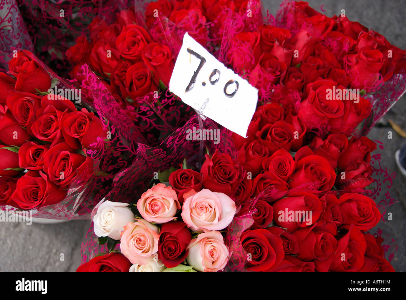 Mazzi del rosso e del rosa rose " prezzo segno", "mercato dei fiori",  California' Foto stock - Alamy