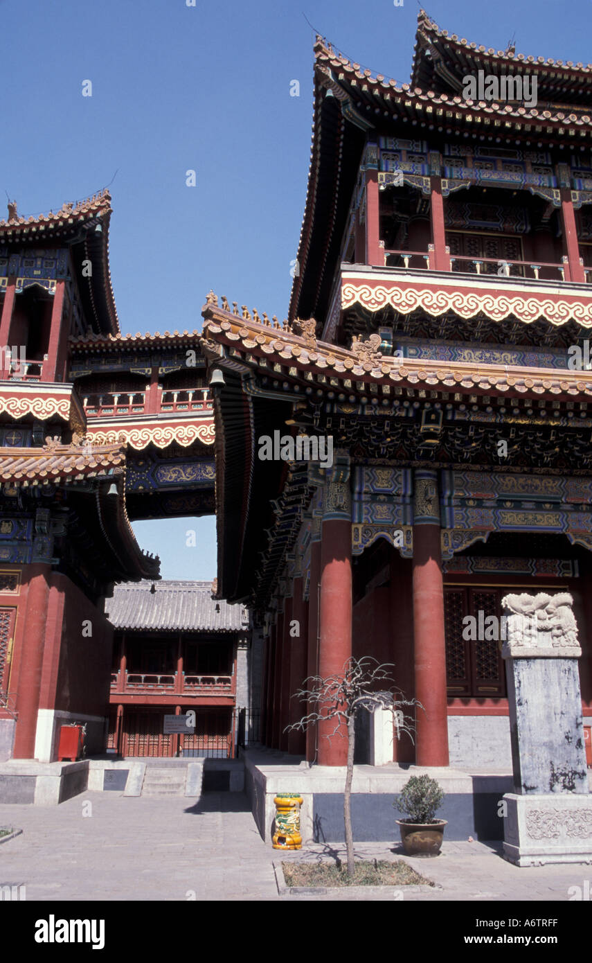 Cina, Pechino. Il Tempio dei Lama (Yonghegong). Il padiglione dei Diecimila felicità, Flying Bridge Foto Stock