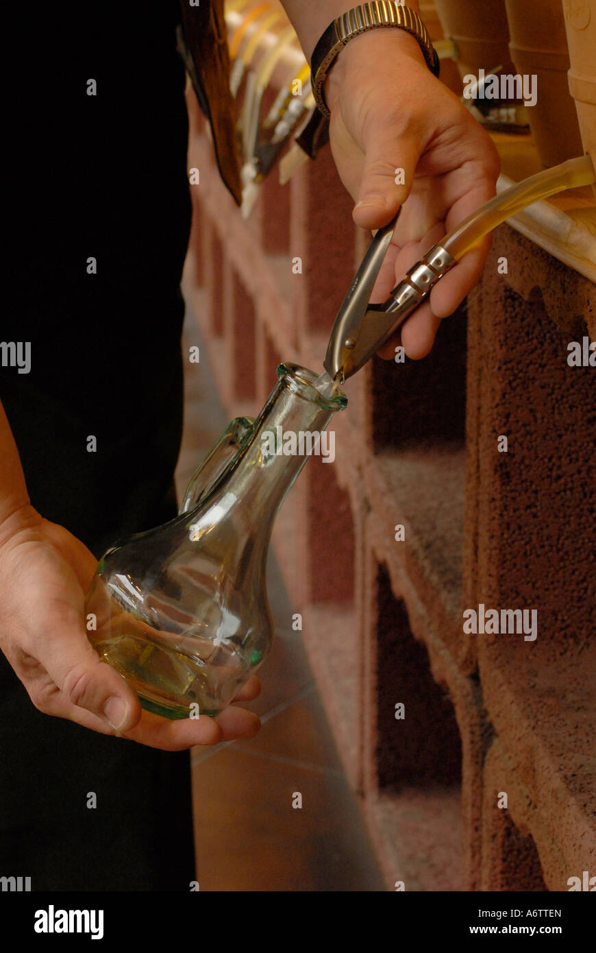 Imbottigliamento di costosi olio commestibile Foto Stock