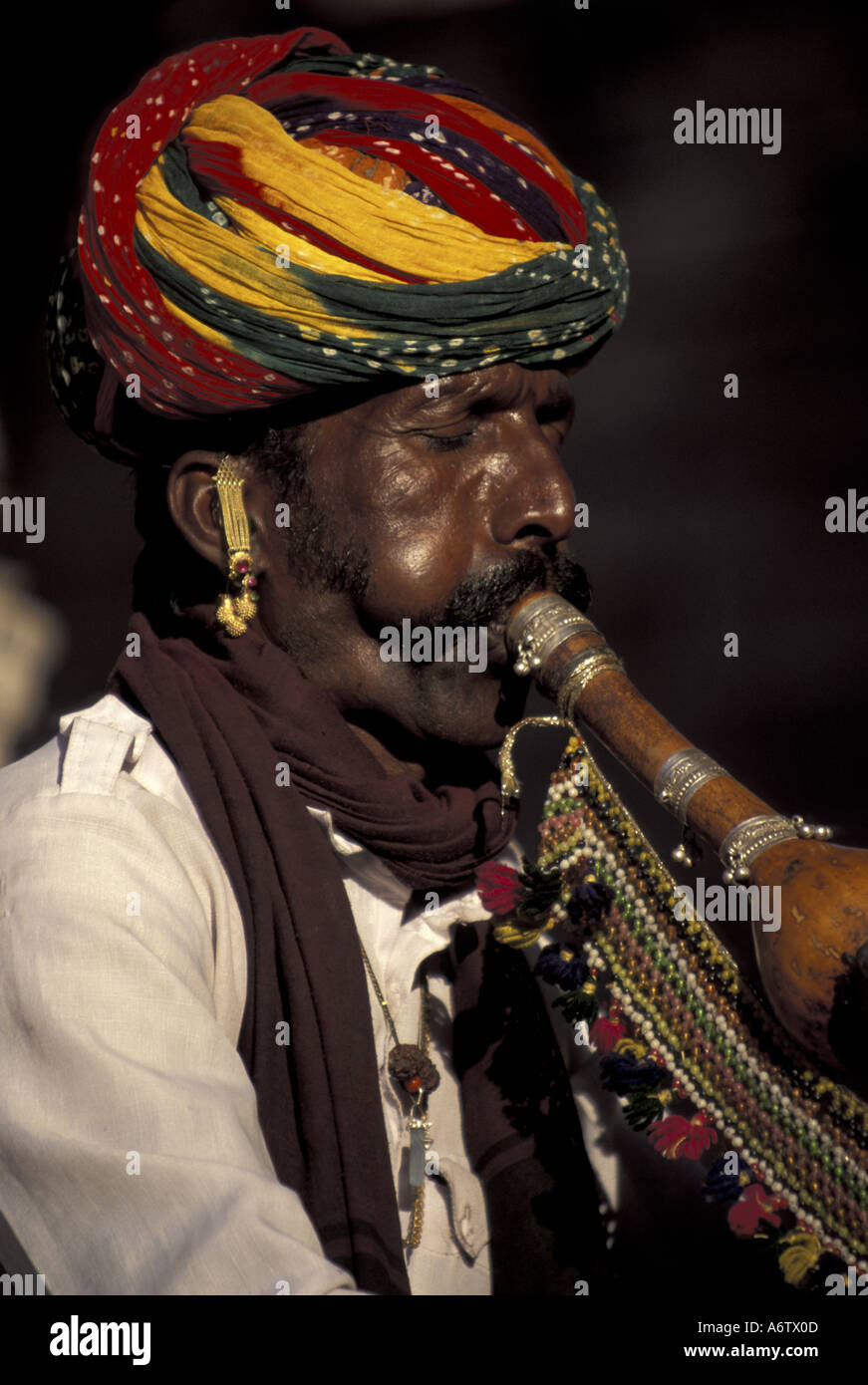 ASIA, India, Jodhpur, Rajasthan, Indian snake incantatore suonare uno strumento tradizionale, (MR) Foto Stock