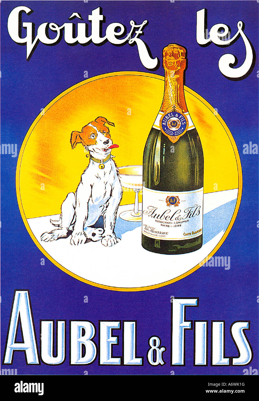 Aubel Fils Champagne 1933 poster per il francese Fizz e almeno lui cane sembra essere impaziente di esso Foto Stock
