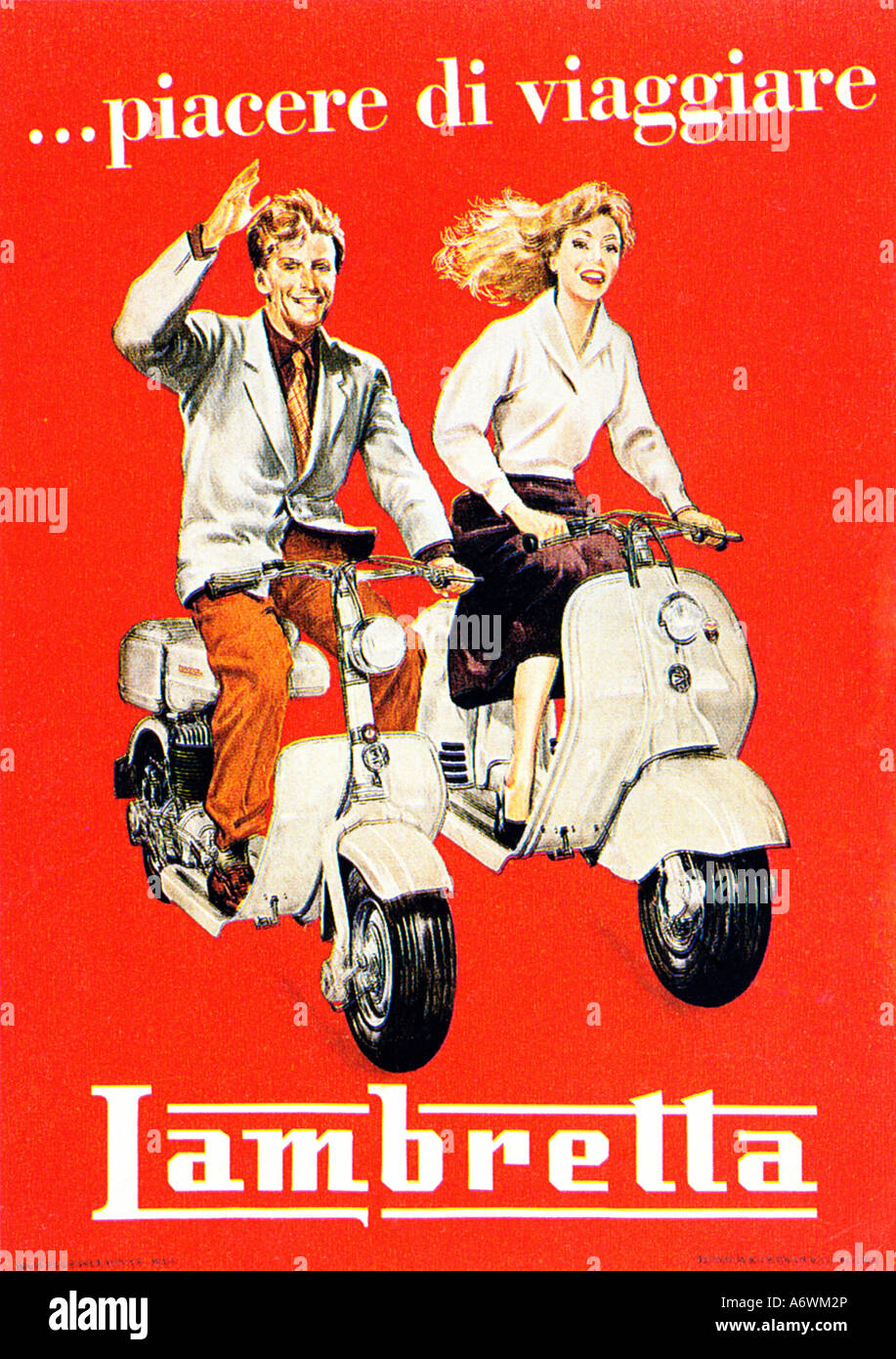 Lambretta Poster degli anni cinquanta un annuncio per il favorito di scooter di gioventù italiana piacere di viaggiari la scelta dei viaggiatori Foto Stock