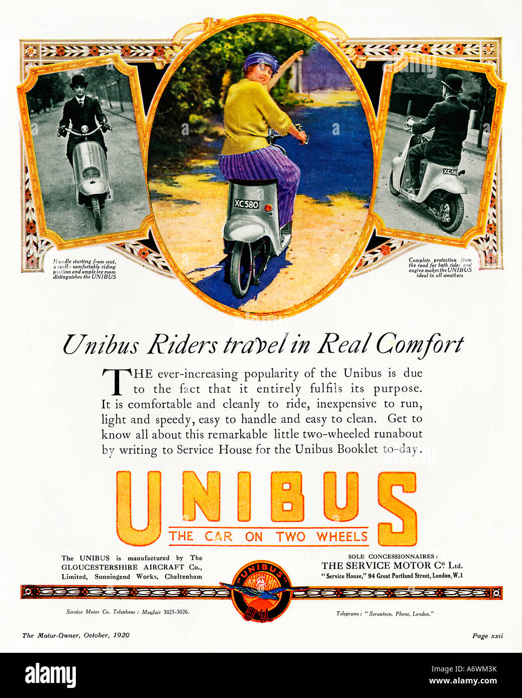 Unibus 1920 magazine annuncio pubblicitario per un early British scooter realizzato dall'aeromobile Gloucestershire Co in Cheltenham Foto Stock