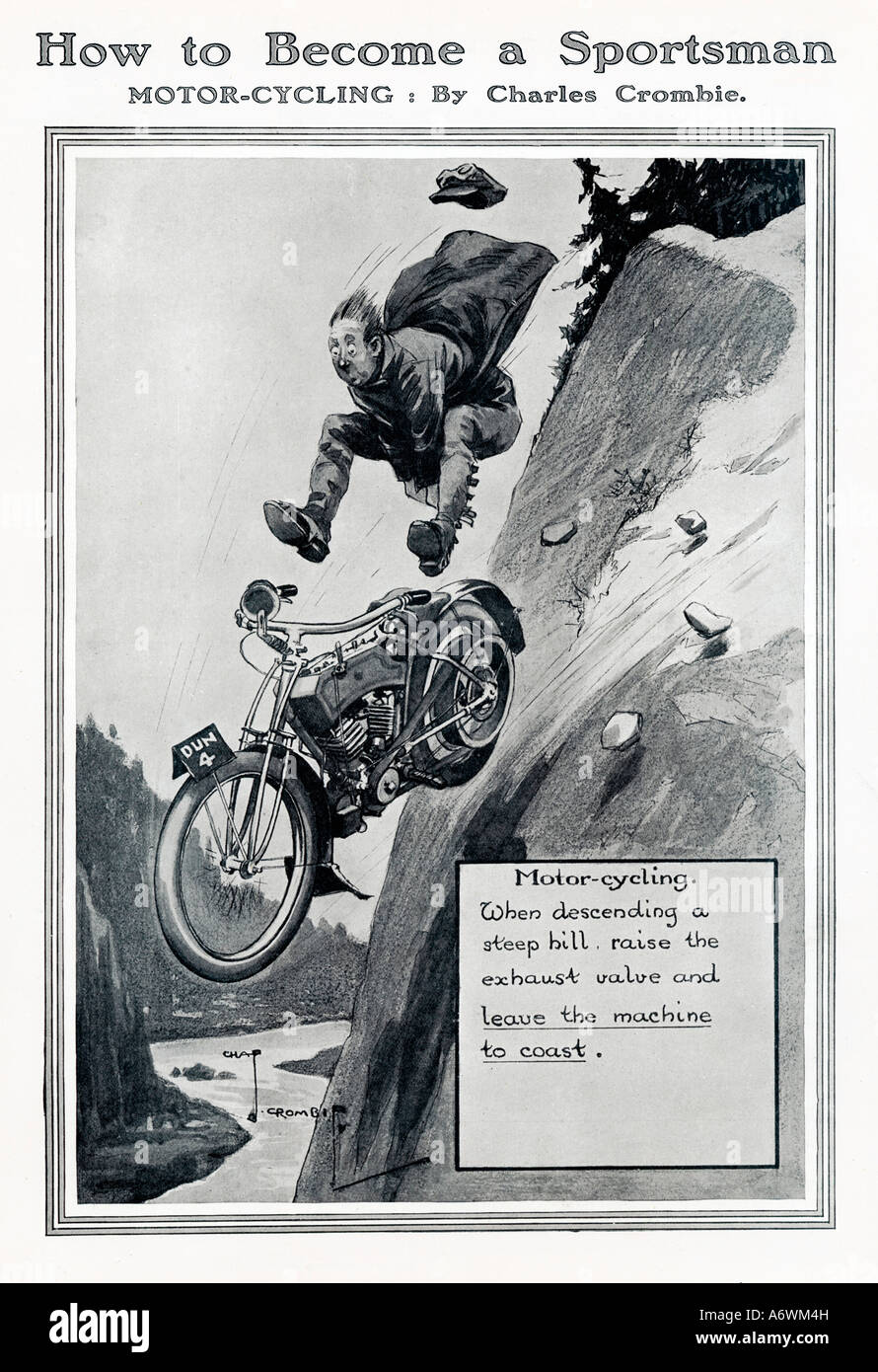 Diventare uno sportivo motociclistico Edwardian cartoon osservazione durante la discesa di un pendio ripido lasciare la macchina a costa Foto Stock