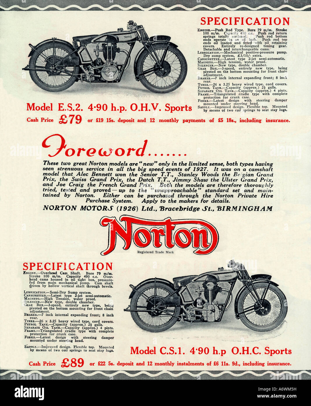 Norton Motocicli 1927 brochure di vendita per il Norton sport modelli realizzati in Birmingham sul mercato britannico Foto Stock
