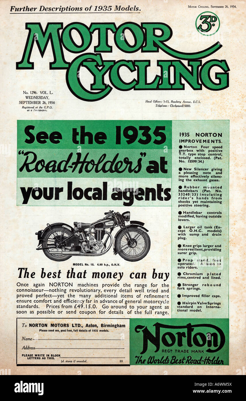 Norton titolari su strada motore 1935 rivista di ciclismo il coperchio dal settembre 1934 che mostra il nuovo modello di Norton Foto Stock