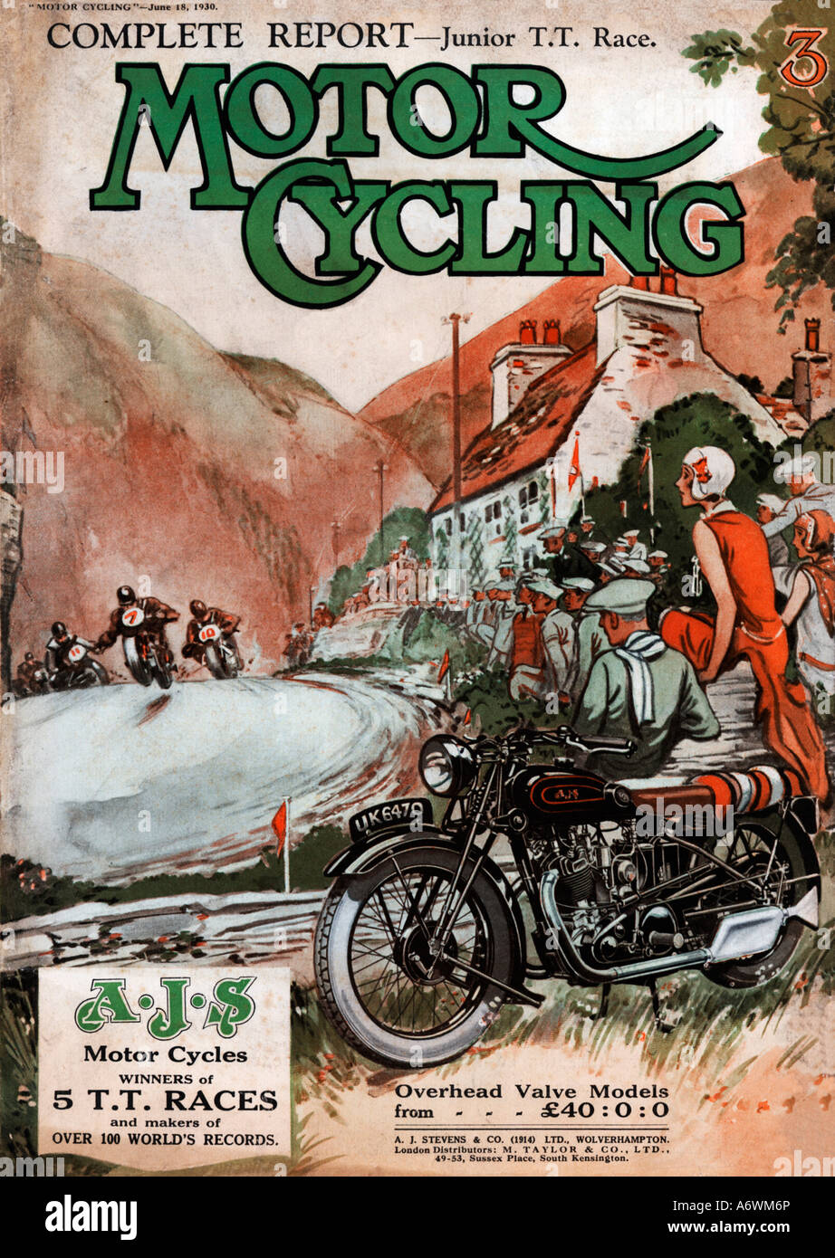 AJS al TT 1930 Coperchio motorino di rivista di ciclismo con AJS starring all'Ise dell uomo gare TT Foto Stock