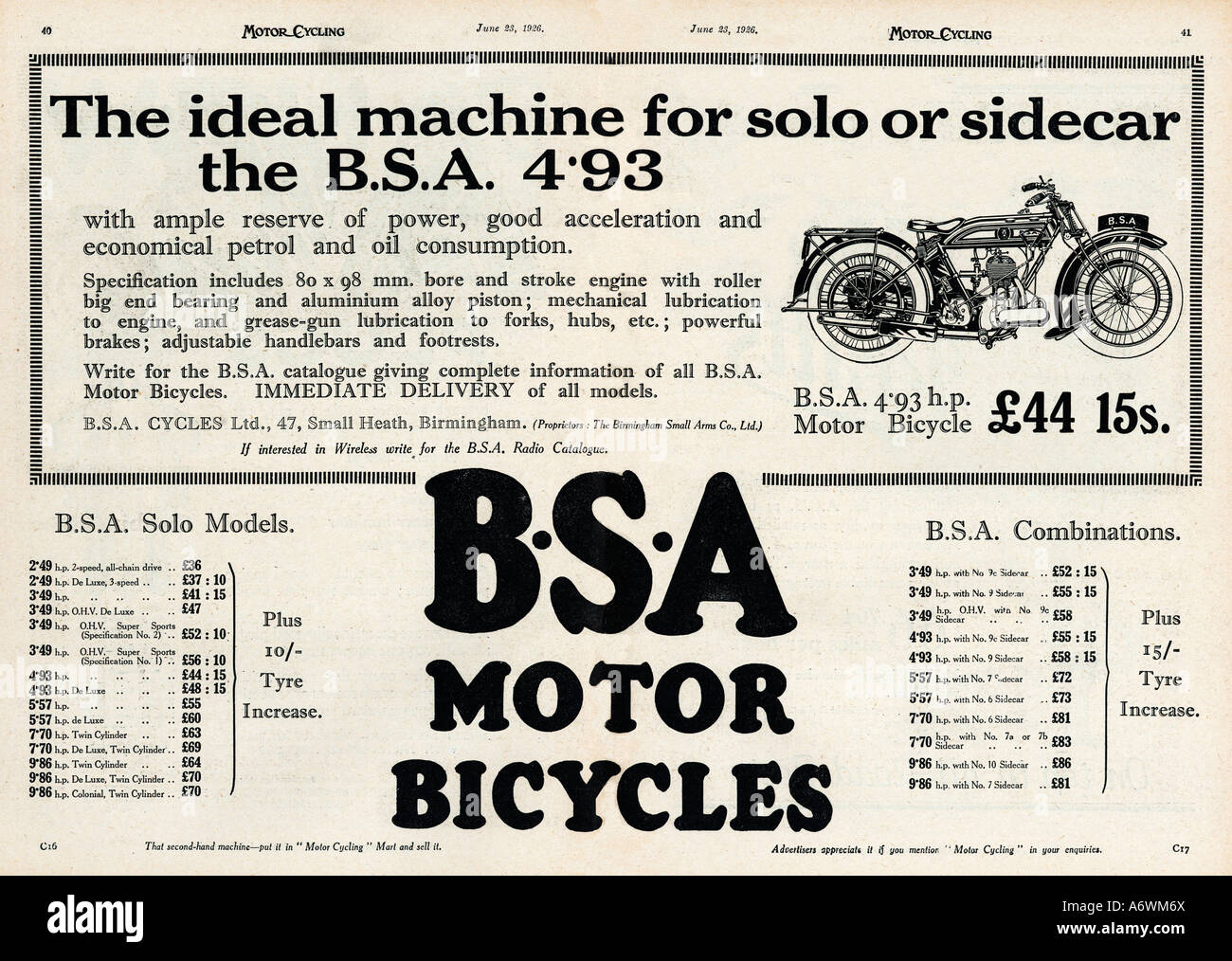 BSA Biciclette a motore 1926 Magazine annuncio pubblicitario per la famosa azienda britannica elencando tutti i loro modelli e prezzi per tale anno Foto Stock