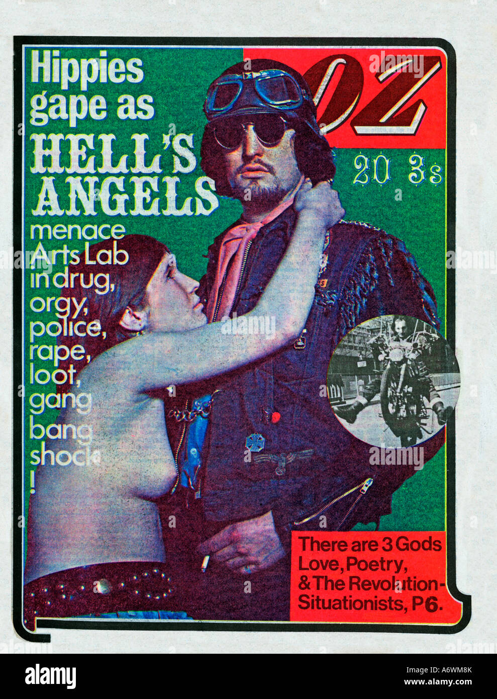 Oz Magazine Hells Angels copertina della rivista underground da aprile 1969 con una linguetta nella guancia biker storia Foto Stock