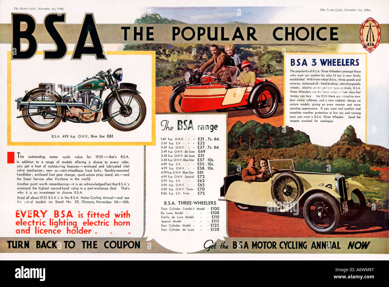 1935 BSA moto magazine annuncio pubblicitario per la gamma di British Motor Cycles e 3 ruote la scelta popolare Foto Stock