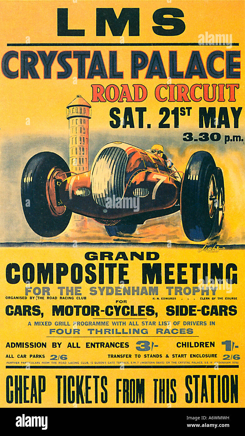 Il Palazzo di Cristallo Motor Racing 1938 poster ferroviario per una gara Incontro nei giardini del demolito palazzo di cristallo Foto Stock