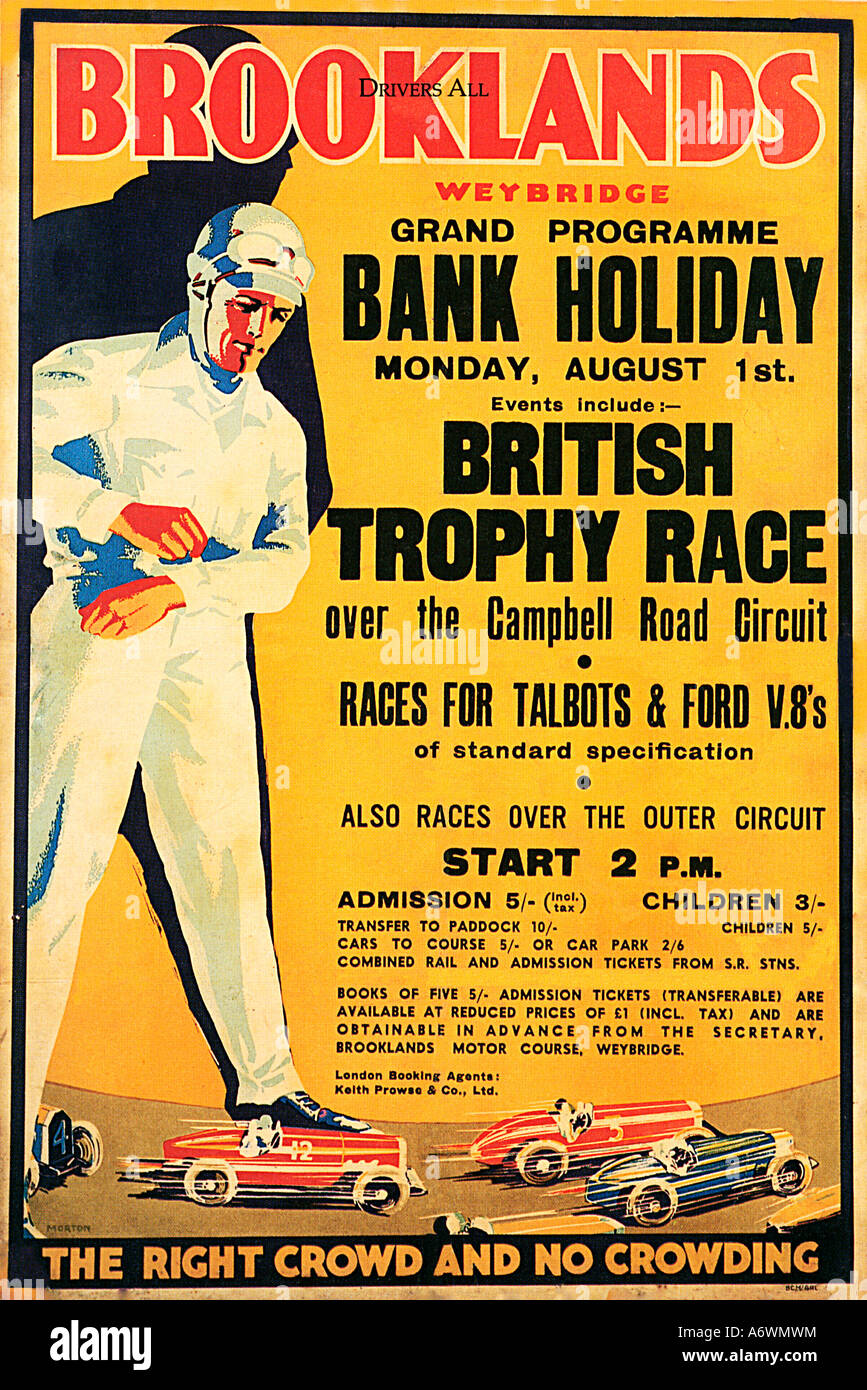Brooklands 1932 poster per il Ferragosto riunione sul famoso puntato motor racing via in Surrey Foto Stock