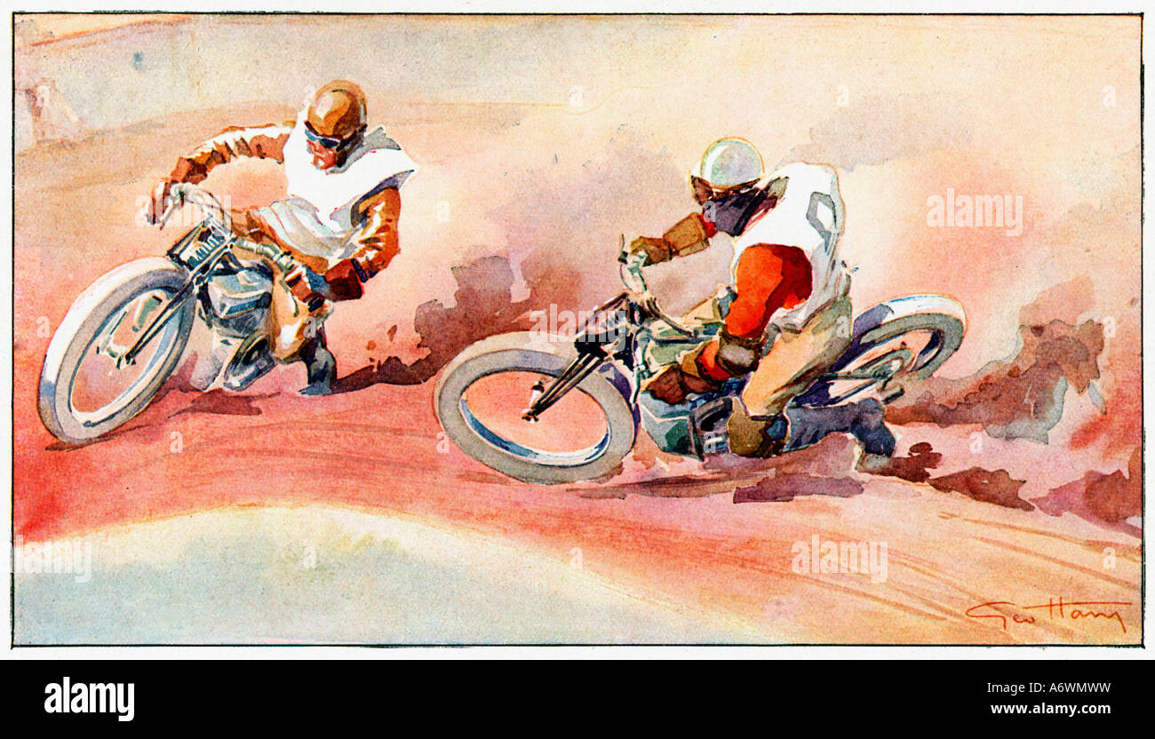 Speedway Moto 1928 brillantemente illustrazione atmosferica di speedway racing da George Ham Foto Stock
