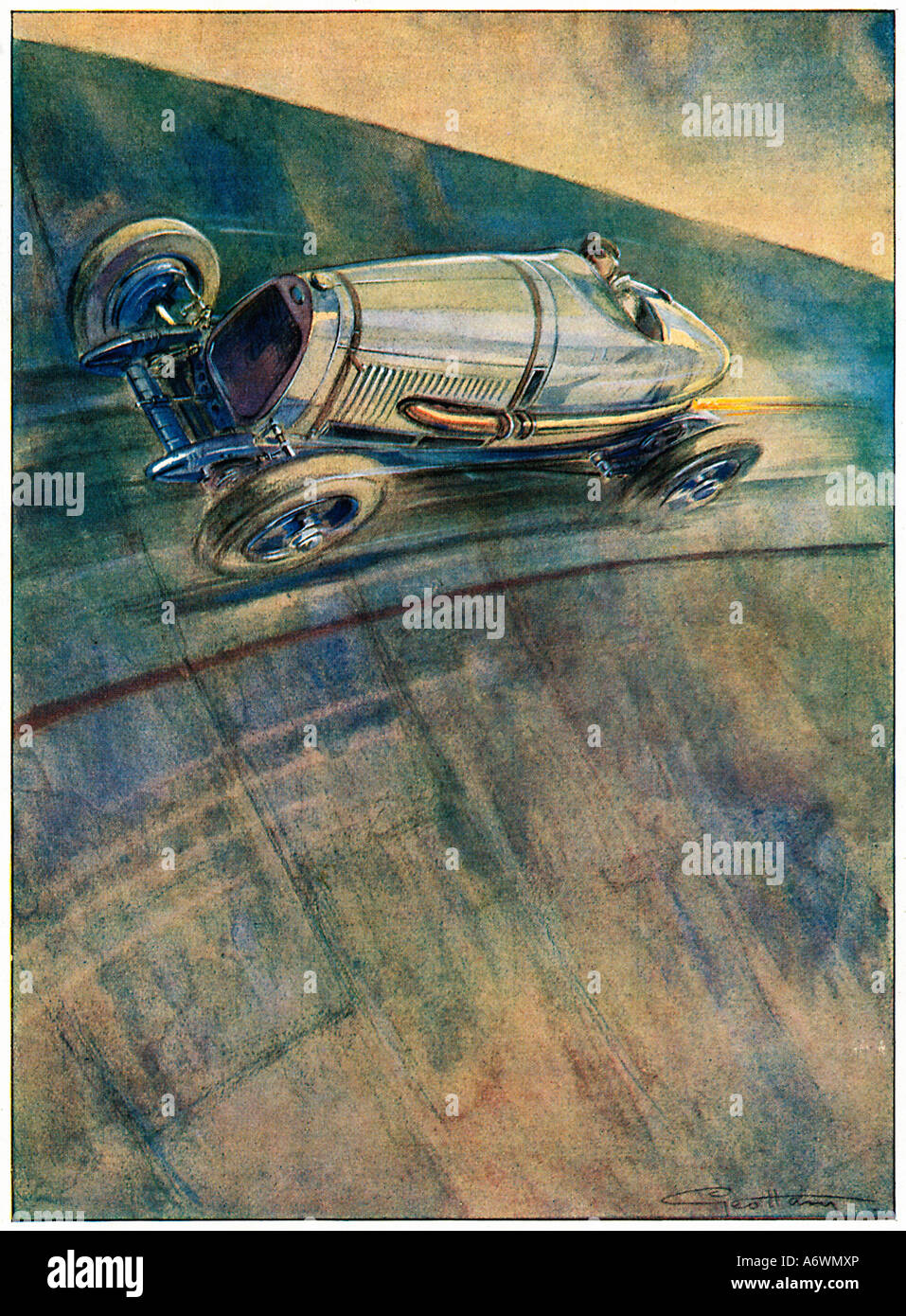 Delage a Montlhery 1928 pittura di Albert Divo assume il settore bancario presso la pista francese in una Delage siluro Foto Stock
