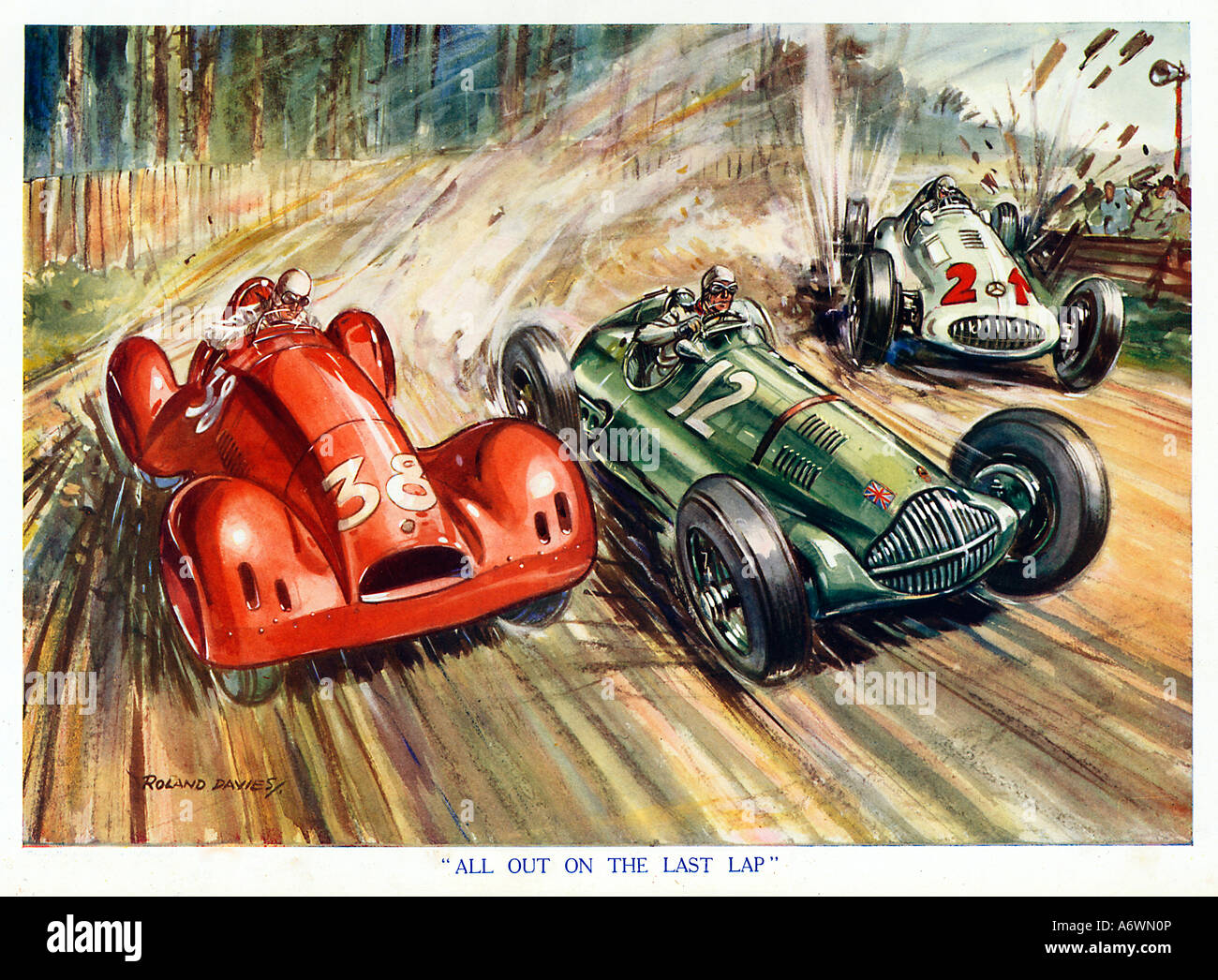 Tutti fuori all'ultimo giro 1930 s boys magazine illustrazione del culmine di una gara automobilistica Foto Stock