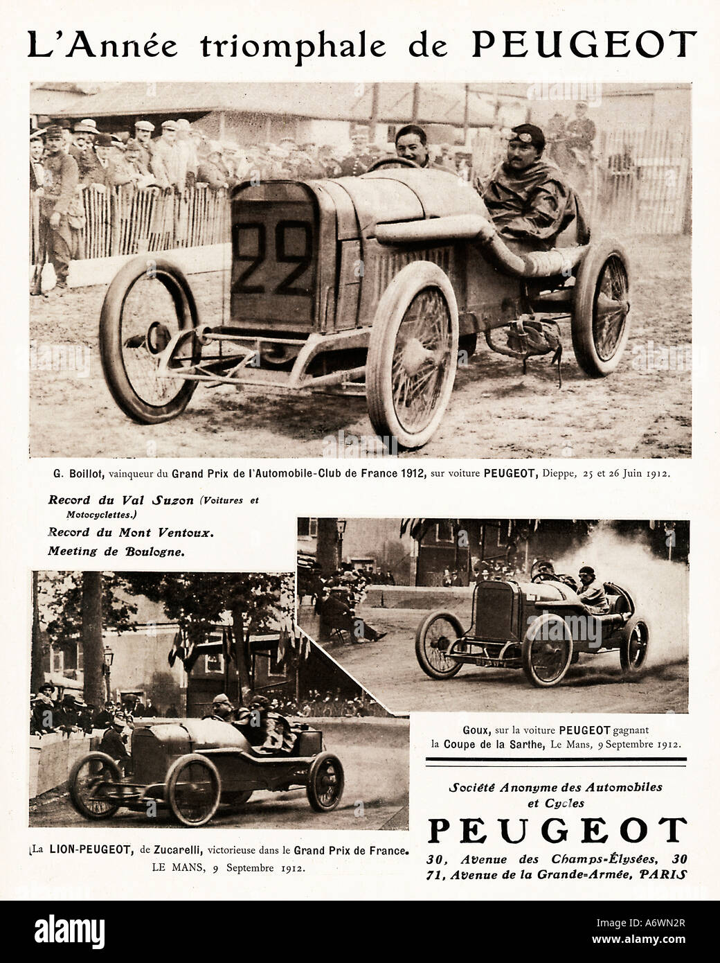 Peugeot Racing Anno 1912 con Boillot vincere il Gran Premio di Francia a Dieppe Zucarelli e Goux a Le Mans Foto Stock
