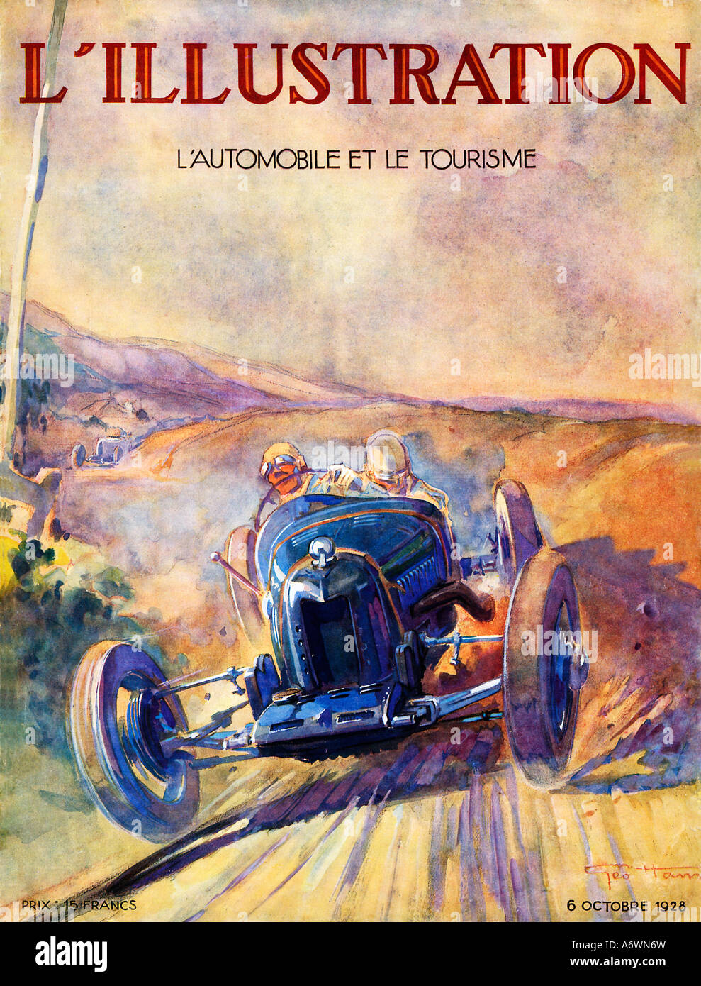 LIllustration 1928 copertina della rivista francese di questa edizione su vetture turismo e mostrando un auto in una corsa su strada Foto Stock