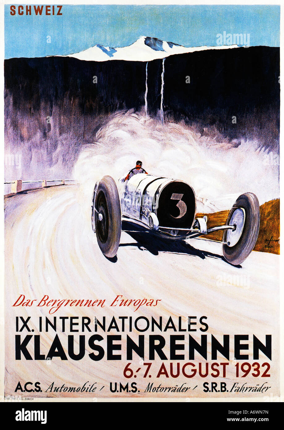 Motore Klausenrennen gara 1932 poster per la famosa Svizzera montagna corsa del motore che mostra una Bugatti in pieno volo Foto Stock