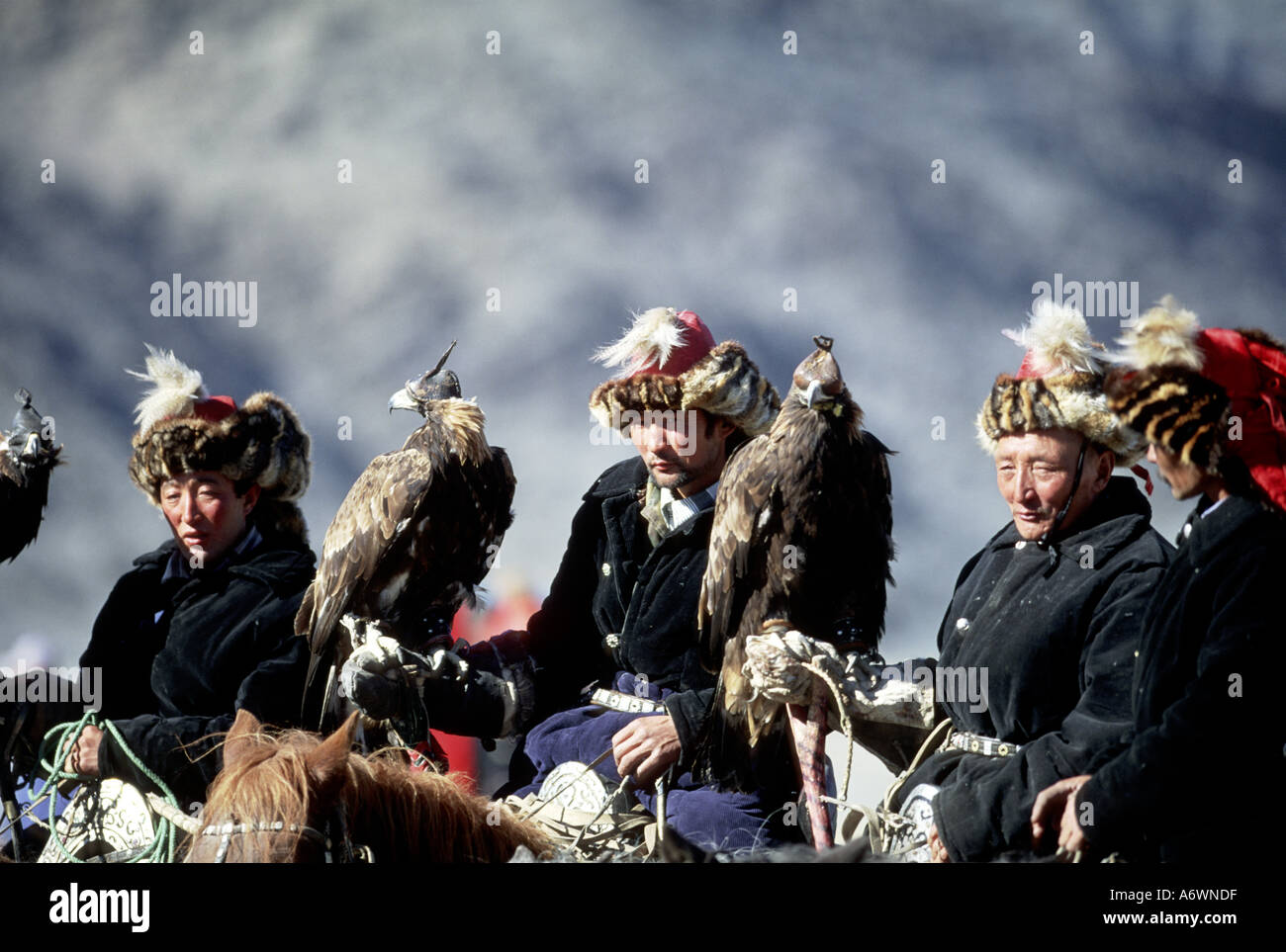 Asia, Mongolia, Golden Eagle Festival. eagle cacciatori al festival Foto Stock