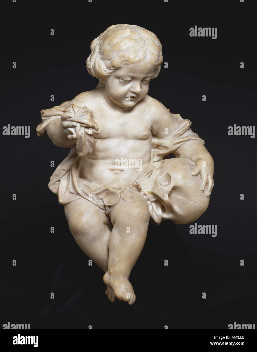 Lutto bambino femmina con il cranio. Inghilterra, 1680-1720. Foto Stock