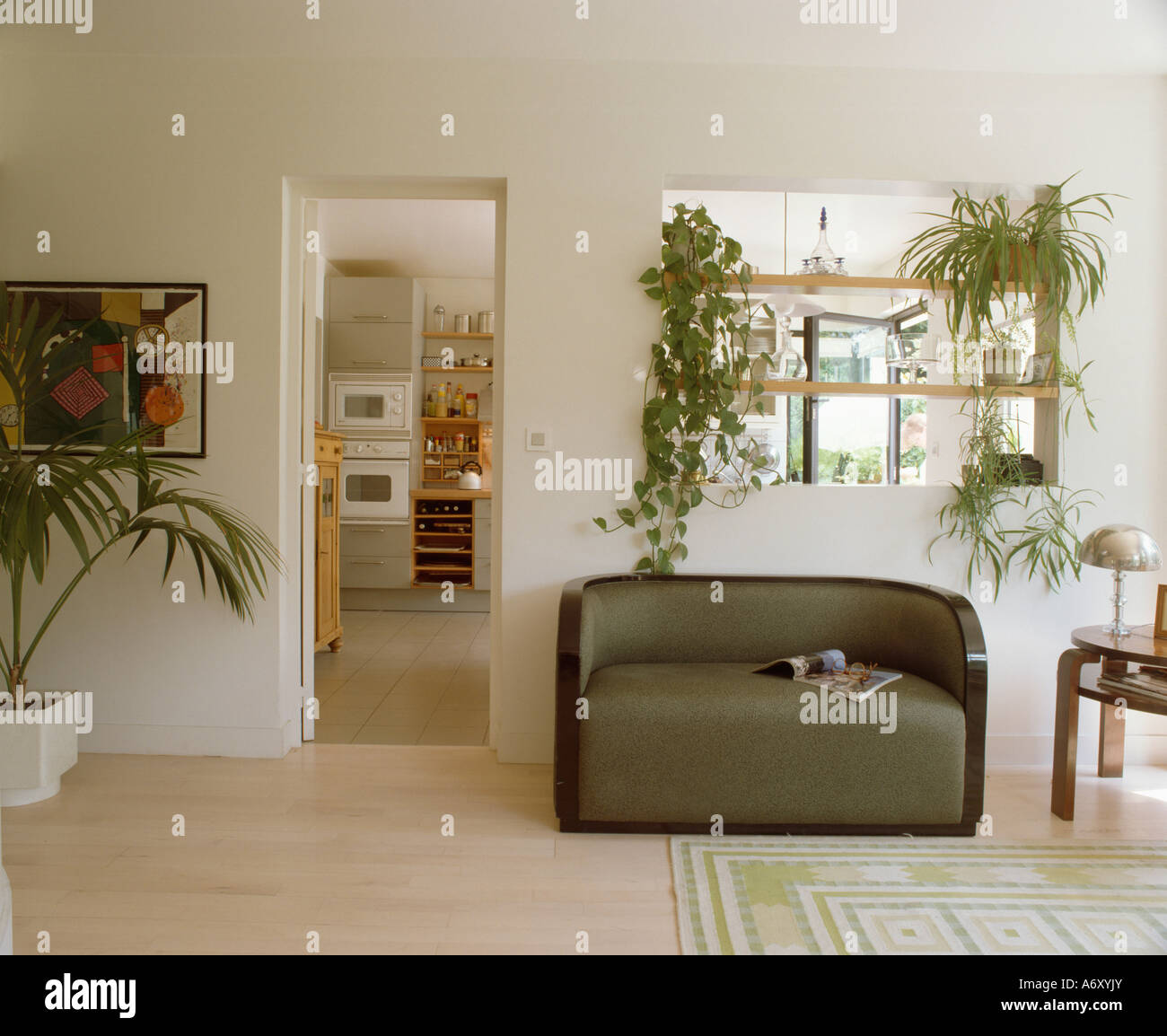 Piccolo divano verde nel moderno salone bianco con houseplants nella finestra interna Foto Stock