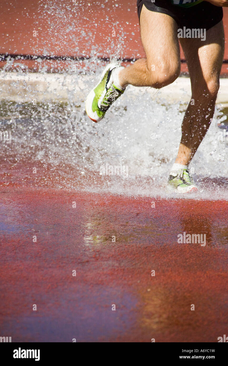 Uomo che corre attraverso il salto in acqua durante l'evento di siepi Foto Stock
