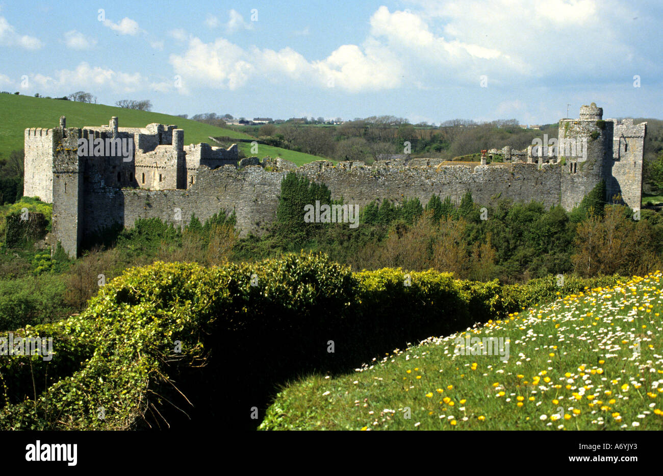 Il Galles Pembrokeshire Manorbier Castle a sud-ovest di Tenby in Pembrokeshire, Foto Stock