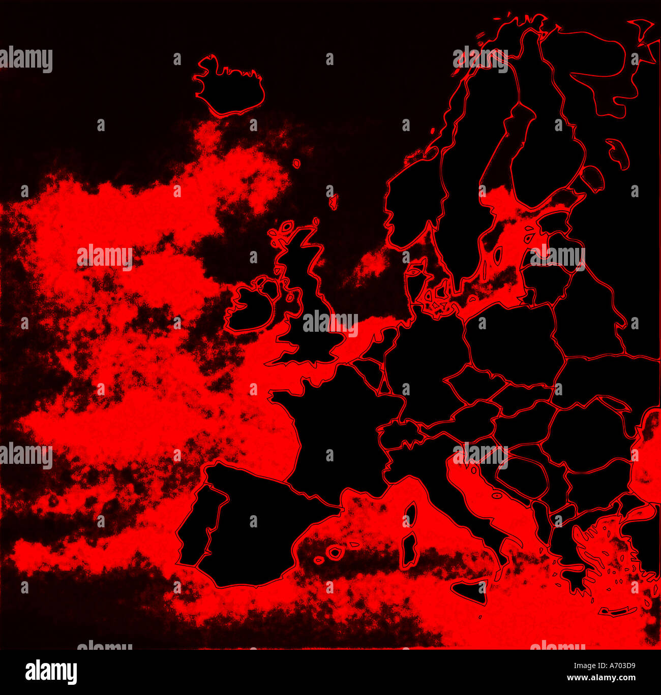 Mappa di Europa vista dall'aria con una telecamera a raggi infrarossi linee rosse effetto continente airial view Foto Stock