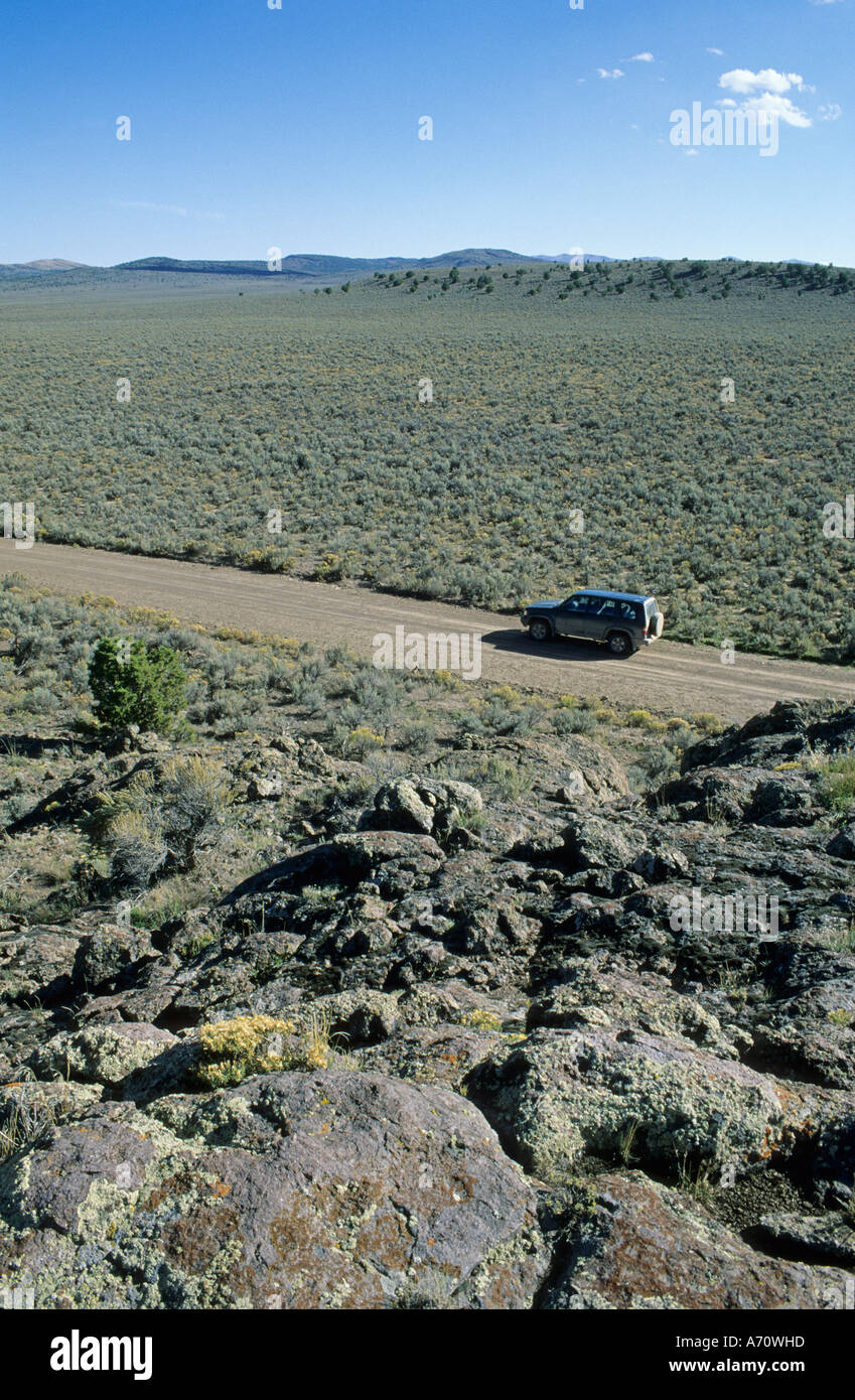 Veicolo su strada sterrata, storico California Trail, Goose Creek Valley, Nevada, STATI UNITI D'AMERICA Foto Stock