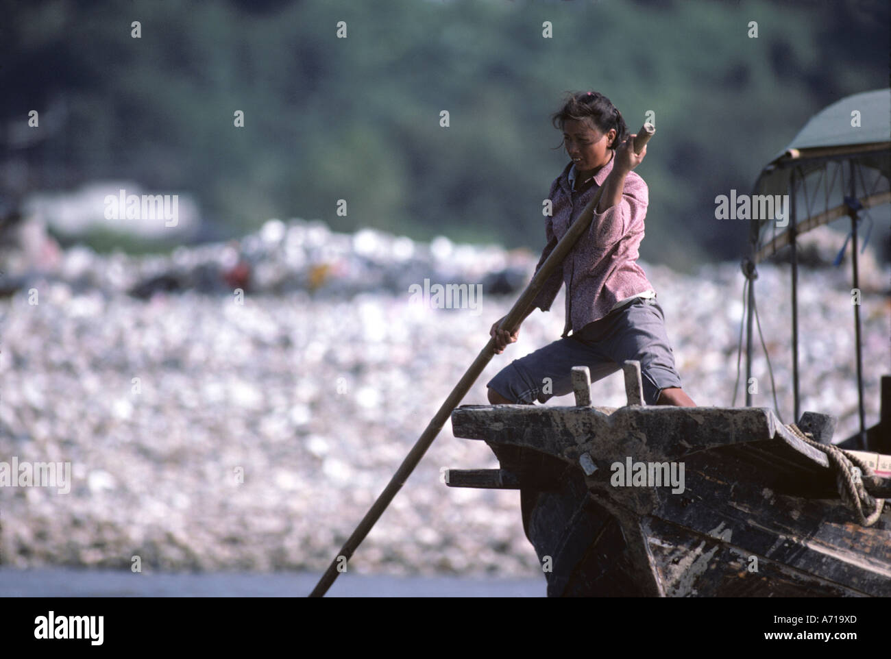 Cina Hong Kong donna spinge la pesca in barca lungo la costa in nuovi territori Foto Stock