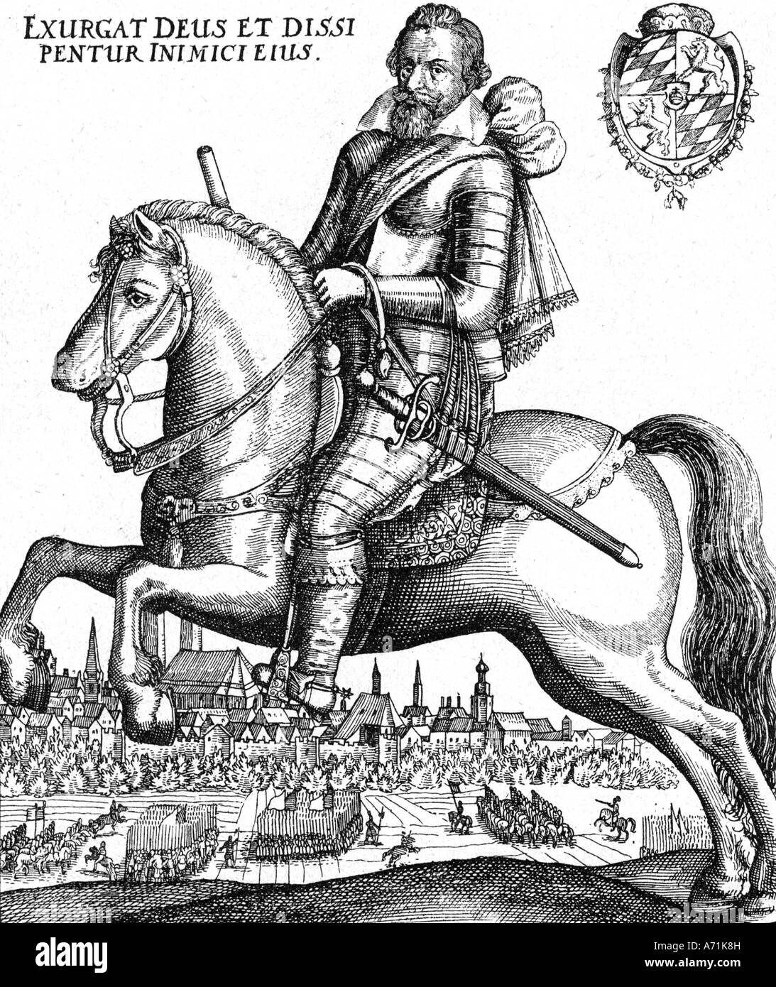 Massimiliano I., 17.4.1573 - 27.9.1651, duca di Baviera 15.10.1597 - 27.9.1651, Elettore 23.2.1623 - 27.9.1651, equestrial ritratto Foto Stock
