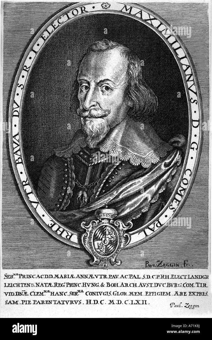 Massimiliano I., 17.4.1573 - 27.9.1651, duca di Baviera 15.10.1597 - 27.9.1651, Elettore 23.2.1623 - 27.9.1651, ritratto, incisione Foto Stock