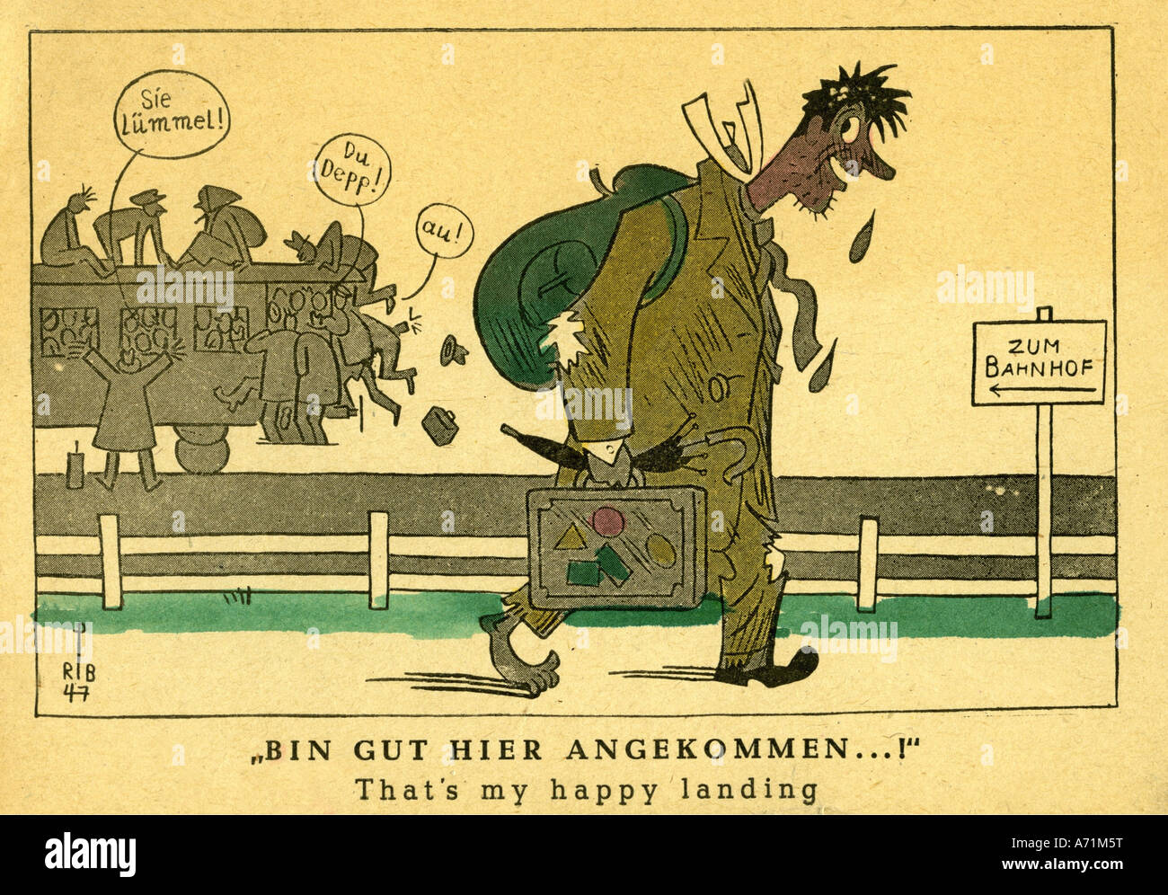 Eventi, post guerra era, Germania, caricature, 'thats s my happy landing', disegno di Rolf Peter Bauer, 1947, treno, viaggiare, 20th secolo, , Foto Stock